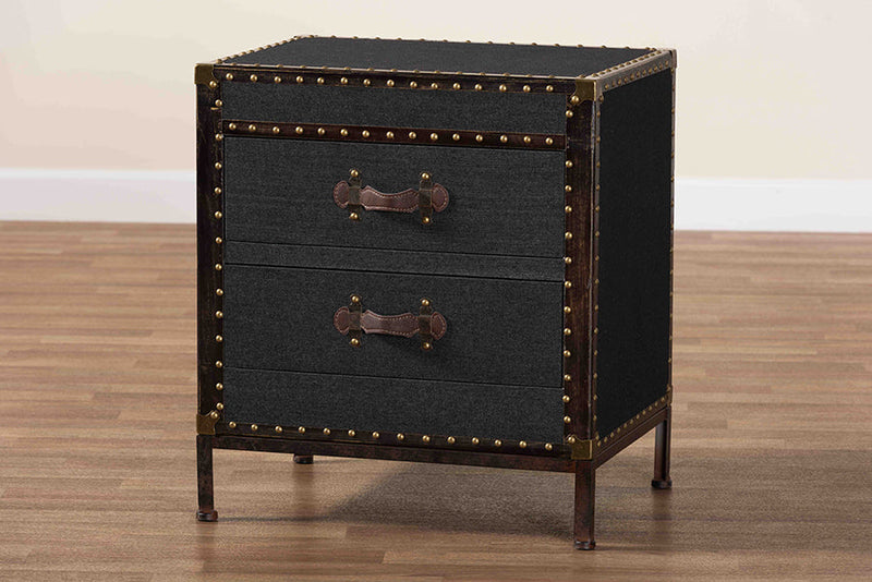 Lorand Black Canvas 2-Drawer End Table Trunk Baxton