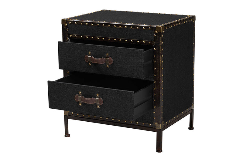 Lorand Black Canvas 2-Drawer End Table Trunk Baxton