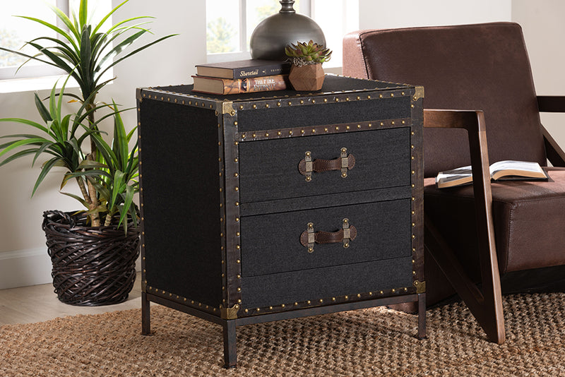 Lorand Vintage Black Canvas 2-Drawer End Table Trunk