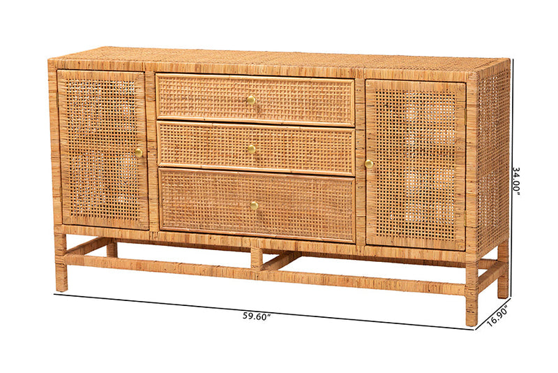 Perry Bohemian Honey Rattan and Mahogany Wood 3-Drawer Storage Cabinet Baxton