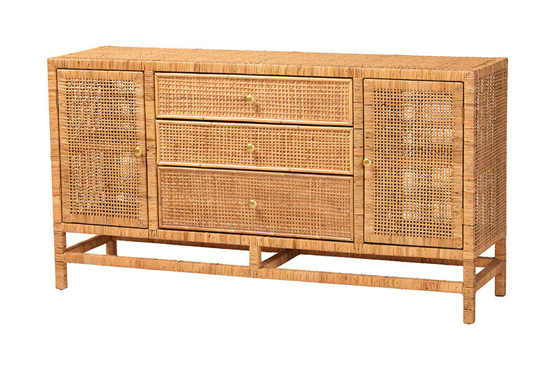 Perry Bohemian Honey Rattan and Mahogany Wood 3-Drawer Storage Cabinet Baxton