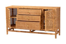 Perry Bohemian Honey Rattan and Mahogany Wood 3-Drawer Storage Cabinet Baxton
