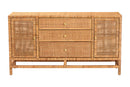 Perry Bohemian Honey Rattan and Mahogany Wood 3-Drawer Storage Cabinet Baxton