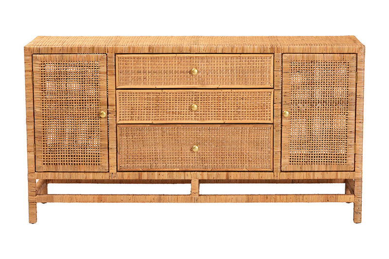 Perry Bohemian Honey Rattan and Mahogany Wood 3-Drawer Storage Cabinet Baxton