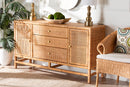 Perry Bohemian Honey Rattan and Mahogany Wood 3-Drawer Storage Cabinet Baxton