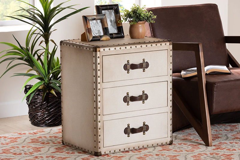 Roze White Canvas 3-Drawer End Table Baxton