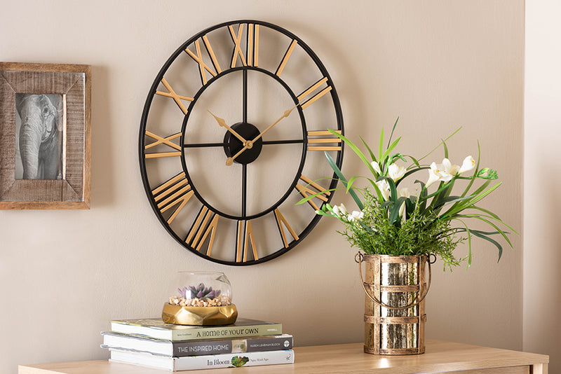 Marquis Modern Industrial Two-Tone Black and Gold Metal Wall Clock