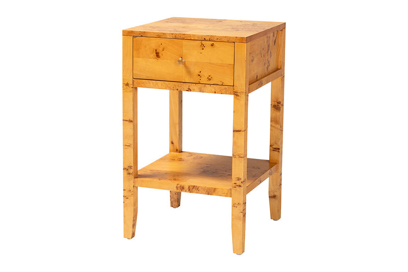 Lina Natural Light Mappa Burl Wood 1-Drawer Nightstand Baxton