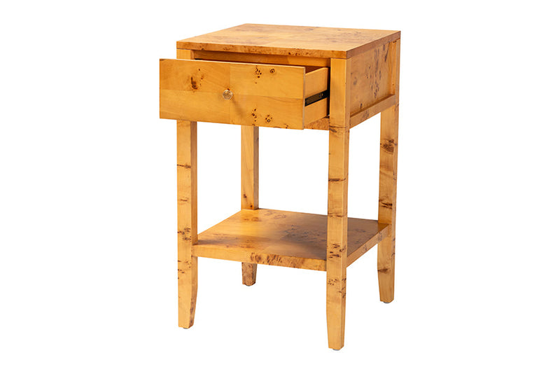 Lina Natural Light Mappa Burl Wood 1-Drawer Nightstand Baxton