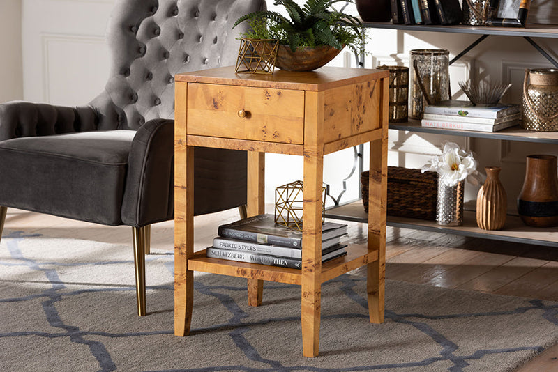 Lina Natural Light Mappa Burl Wood 1-Drawer Nightstand Baxton