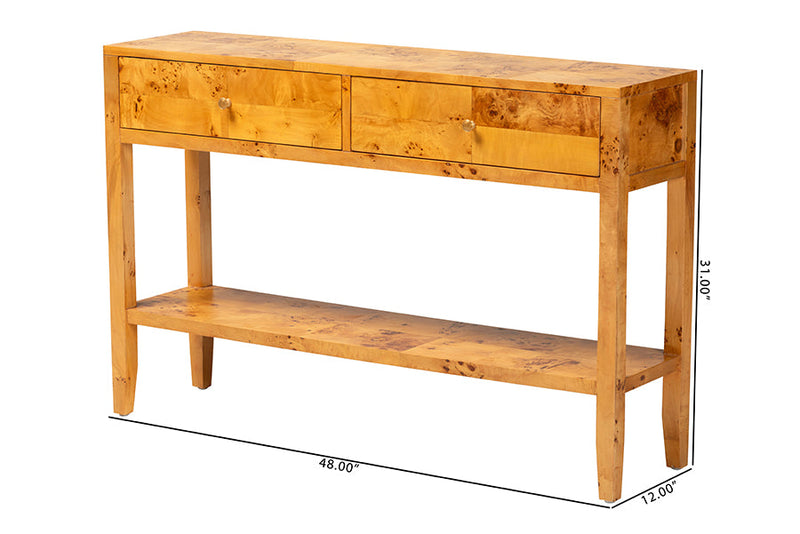 Lina Natural Light Mappa Burl Wood 2-Drawer Console Table Baxton