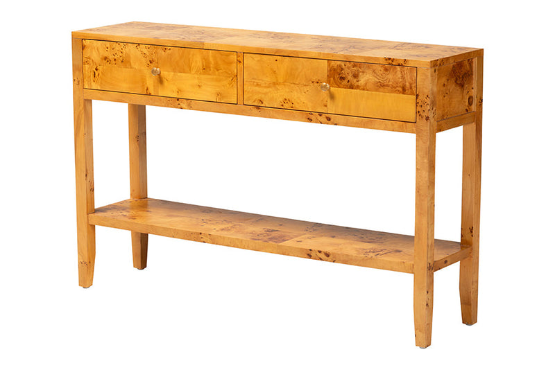 Lina Natural Light Mappa Burl Wood 2-Drawer Console Table Baxton