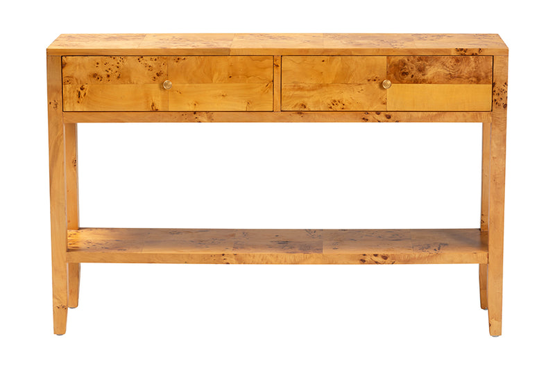 Lina Modern and Contemporary Natural Light Mappa Burl Wood 2-Drawer Console Table