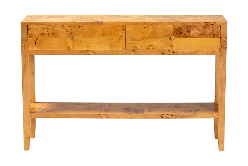Lina Natural Light Mappa Burl Wood 2-Drawer Console Table Baxton