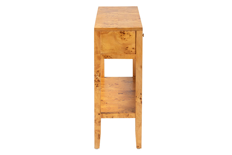Lina Natural Light Mappa Burl Wood 2-Drawer Console Table Baxton