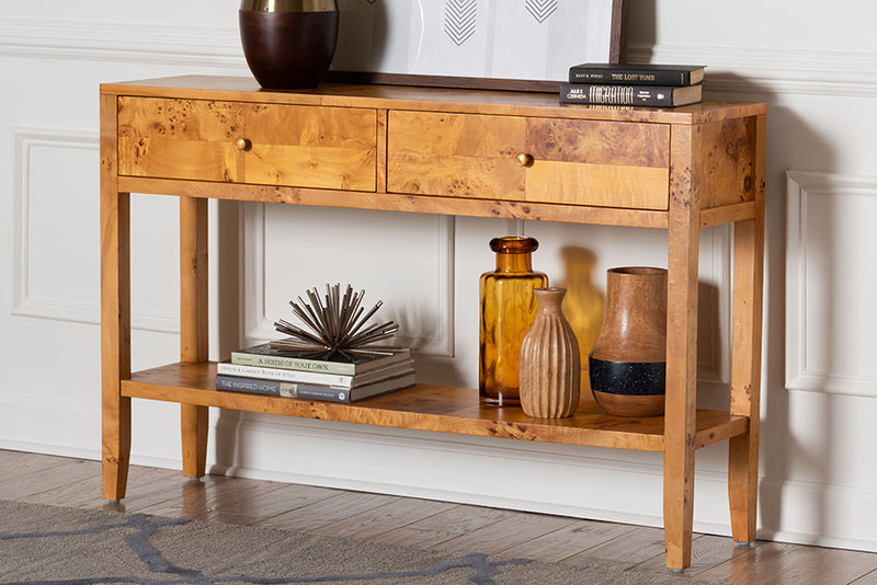 Lina Modern and Contemporary Natural Light Mappa Burl Wood 2-Drawer Console Table