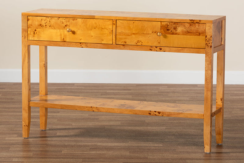 Lina Natural Light Mappa Burl Wood 2-Drawer Console Table Baxton