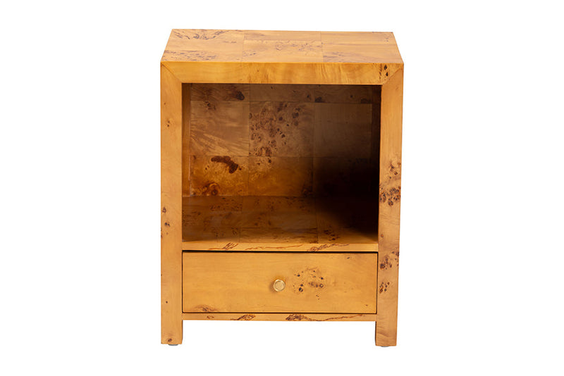 Ammi Natural Light Mappa Burl Wood 1-Drawer Nightstand Baxton