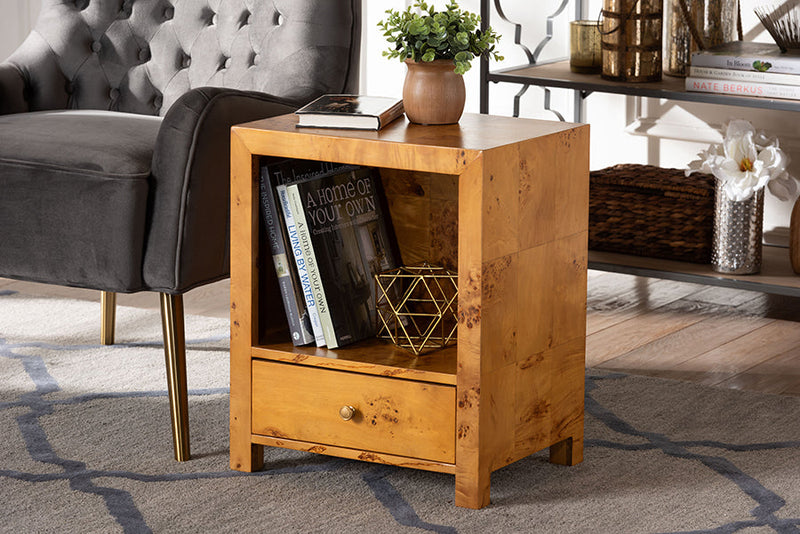 Ammi Natural Light Mappa Burl Wood 1-Drawer Nightstand Baxton