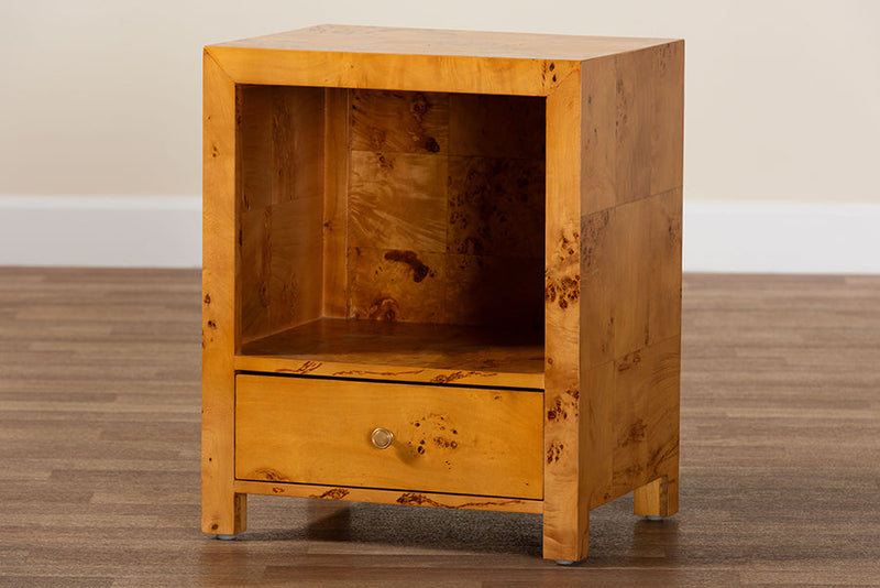 Ammi Natural Light Mappa Burl Wood 1-Drawer Nightstand Baxton