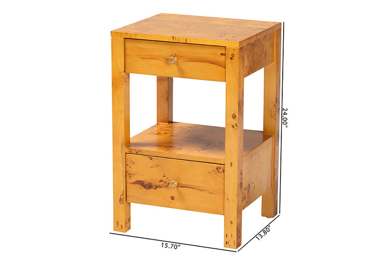 Adino Natural Light Mappa Burl Wood 2-Drawer Nightstand Baxton