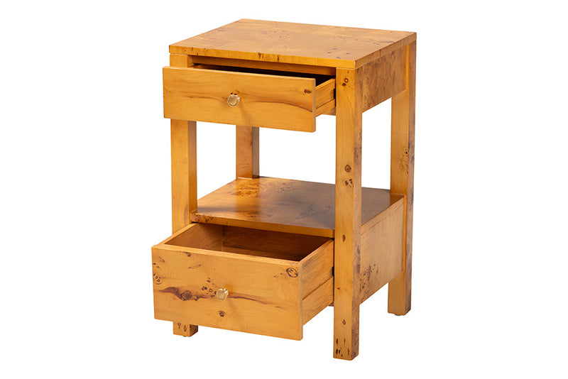Adino Natural Light Mappa Burl Wood 2-Drawer Nightstand Baxton