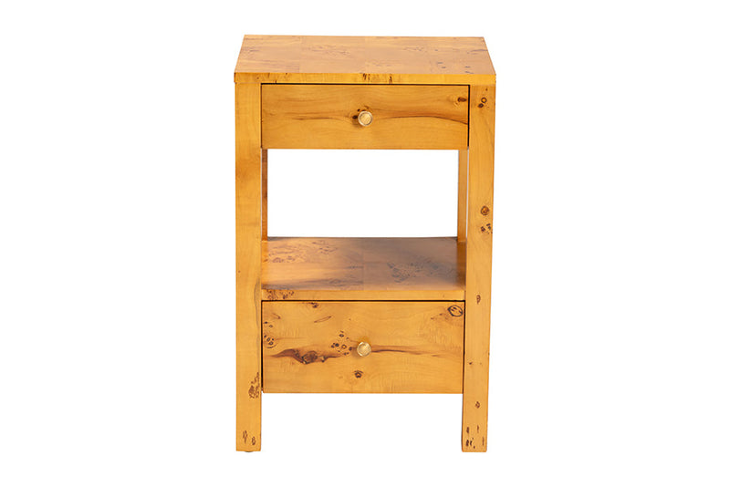 Adino Natural Light Mappa Burl Wood 2-Drawer Nightstand Baxton