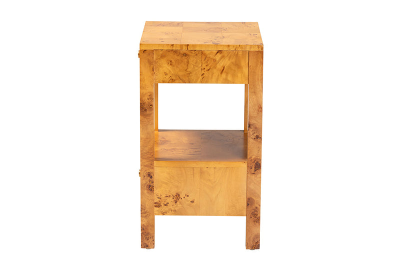 Adino Natural Light Mappa Burl Wood 2-Drawer Nightstand Baxton