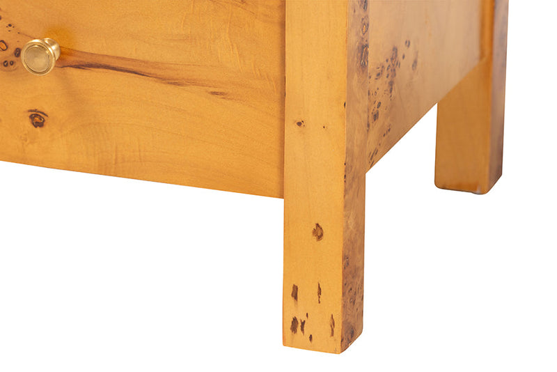 Adino Natural Light Mappa Burl Wood 2-Drawer Nightstand Baxton