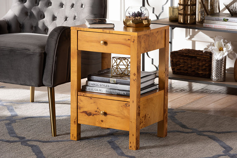 Adino Natural Light Mappa Burl Wood 2-Drawer Nightstand Baxton
