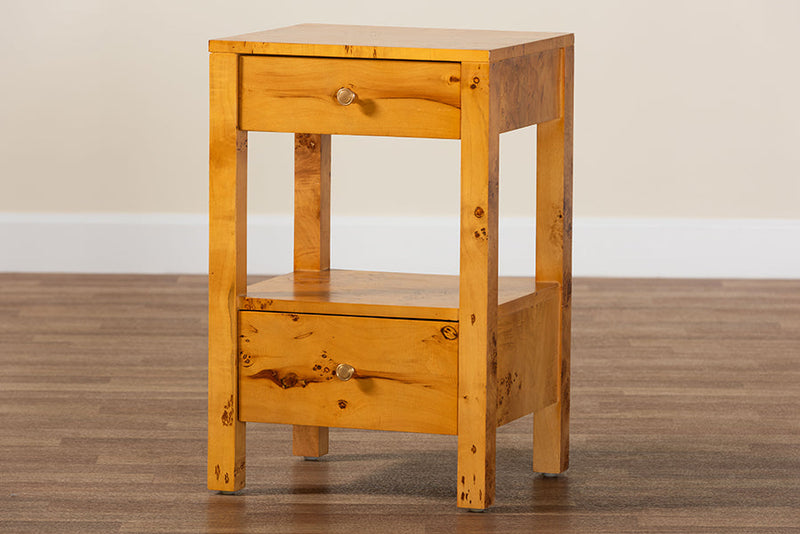 Adino Natural Light Mappa Burl Wood 2-Drawer Nightstand Baxton