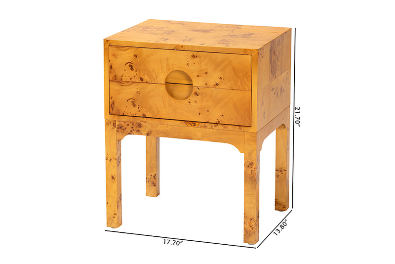 Lanica Modern and Contemporary Natural Light Mappa Burl Wood 2-Drawer Nightstand