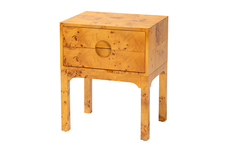 Lanica Modern and Contemporary Natural Light Mappa Burl Wood 2-Drawer Nightstand