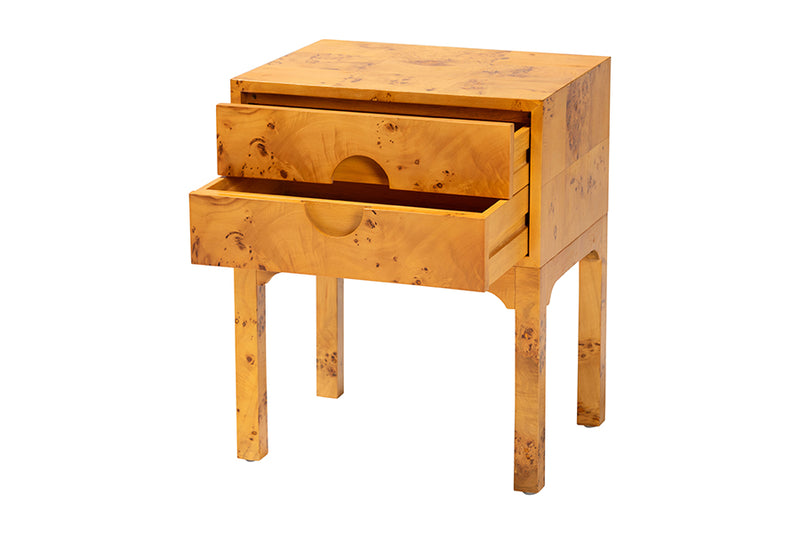 Lanica Modern and Contemporary Natural Light Mappa Burl Wood 2-Drawer Nightstand