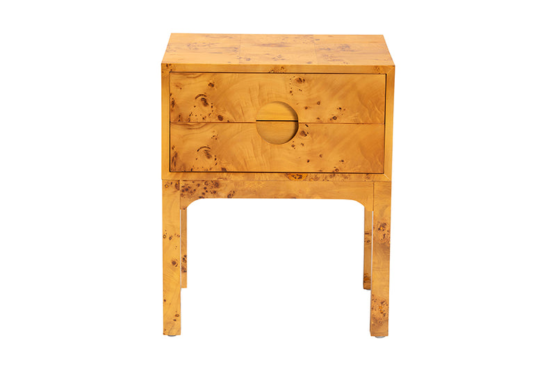 Lanica Modern and Contemporary Natural Light Mappa Burl Wood 2-Drawer Nightstand