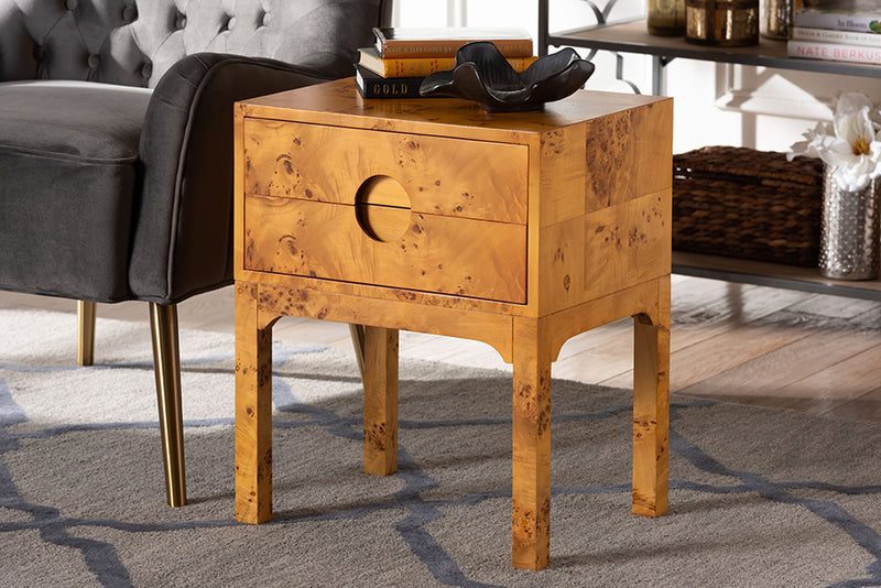 Lanica Modern and Contemporary Natural Light Mappa Burl Wood 2-Drawer Nightstand