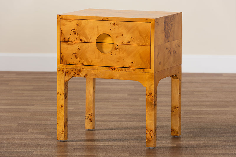 Lanica Modern and Contemporary Natural Light Mappa Burl Wood 2-Drawer Nightstand