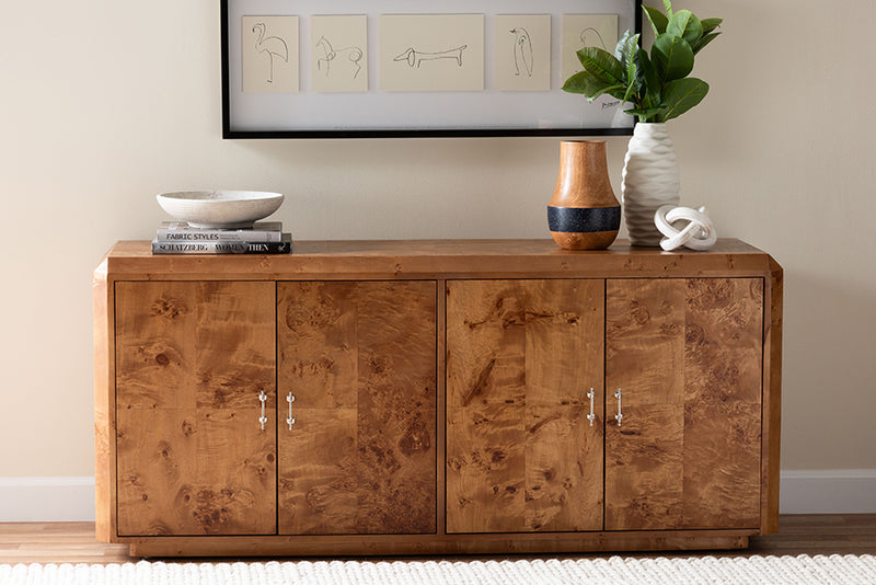 Rebecca Modern and Contemporary Natural Mappa Burl Wood 4-Door Sideboard Buffet