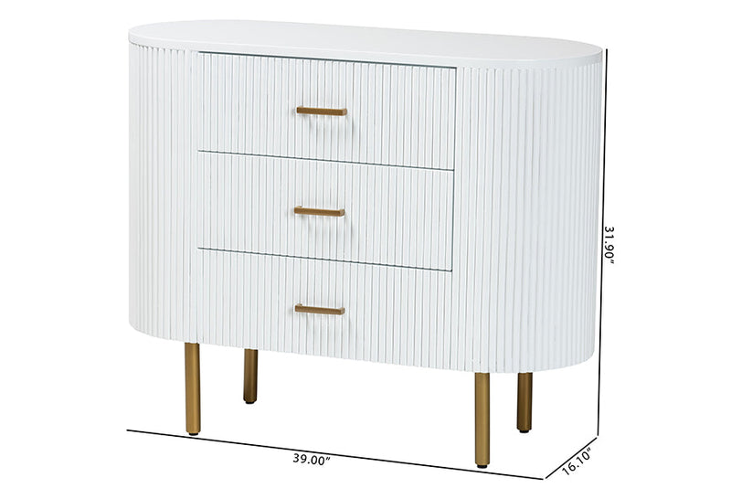 Latrell White Fluted Wood and Gold Metal 3-Drawer Dresser Baxton