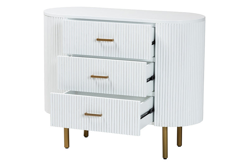 Latrell White Fluted Wood and Gold Metal 3-Drawer Dresser Baxton