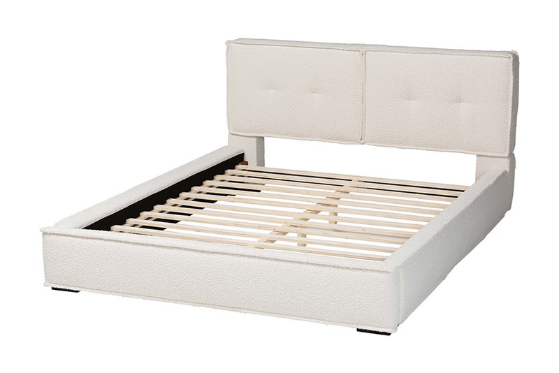 Mamba Modern Cream Boucle Queen Platform Bed w/Border Piping