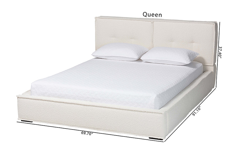 Mamba Modern Cream Boucle Queen Platform Bed w/Border Piping