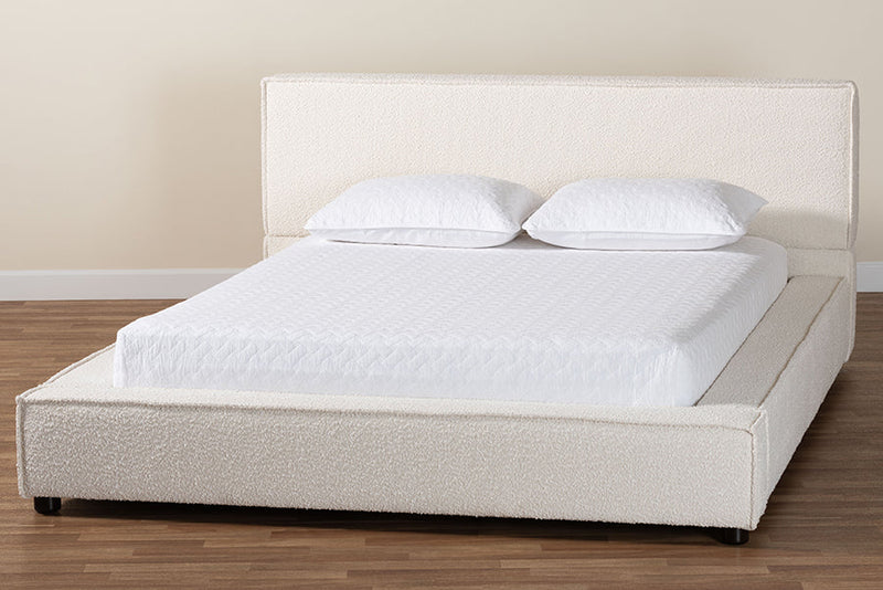 Debbie Modern Cream Boucle Queen Platform Bed w/Wide Railing Baxton