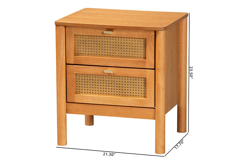 Kaori Golden Brown Wood Japandi 2-Drawer Nightstand w/Distressed-Finished Rattan Baxton