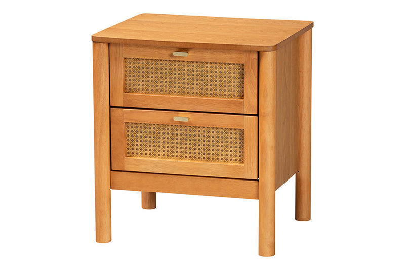 Kaori Golden Brown Wood Japandi 2-Drawer Nightstand w/Distressed-Finished Rattan Baxton