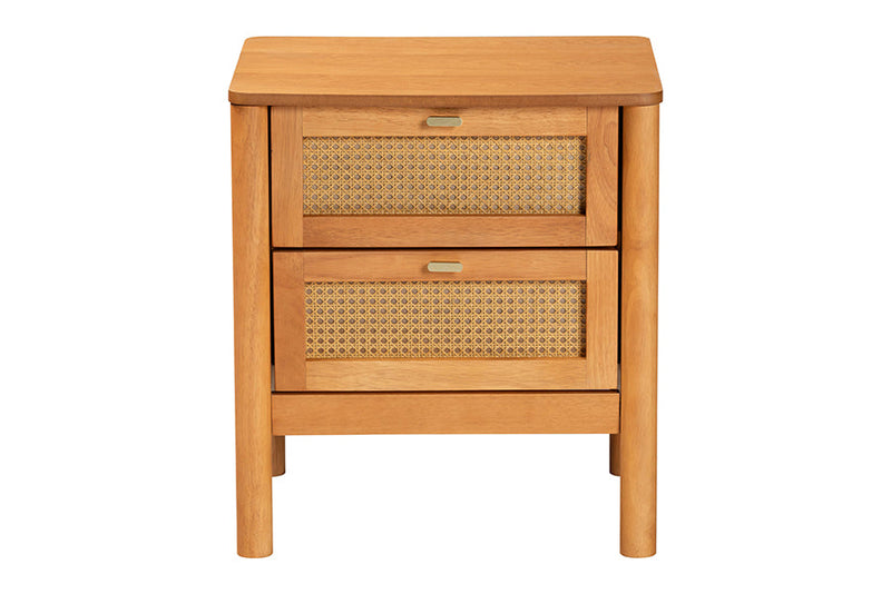 Kaori Golden Brown Wood Japandi 2-Drawer Nightstand w/Distressed-Finished Rattan Baxton