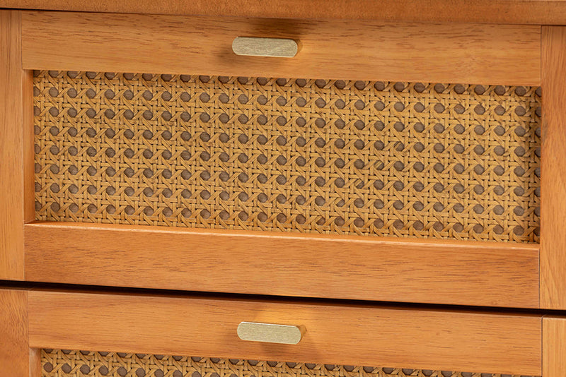 Kaori Golden Brown Wood Japandi 2-Drawer Nightstand w/Distressed-Finished Rattan Baxton