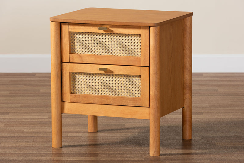 Kaori Golden Brown Wood Japandi 2-Drawer Nightstand w/Distressed-Finished Rattan