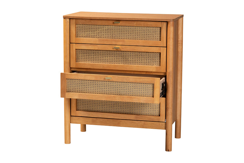 Kaori Golden Brown Wood Japandi 4-Drawer Chest w/Distressed-Finished Rattan Baxton