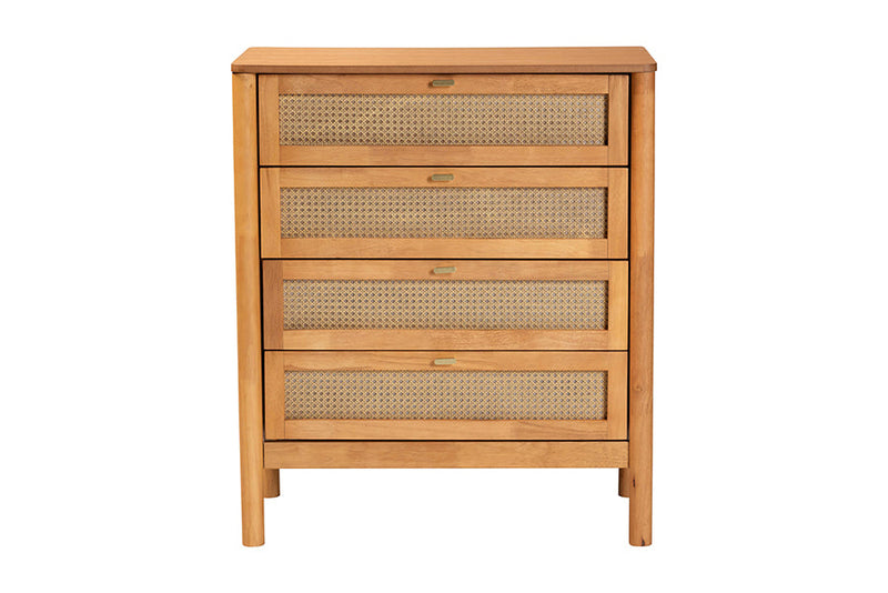 Kaori Golden Brown Wood Japandi 4-Drawer Chest w/Distressed-Finished Rattan Baxton